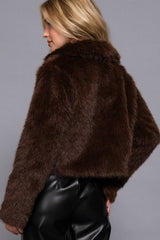 Long Sleeve Notched Collar Faux Fur Cropped Jacket: BRN-dark coffee / L