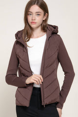 Hight Neck Adjustable Hoodie Quilted Puffer Jacket: IVY-cream / L