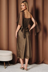 Sheer Chiffon Cape Overlay Satin Boat Neck Slip Midi