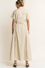 LACE TRIM BUTTON DOWN SHIRT AND MAXI SKIRT SET - HESET0032: SAND / L