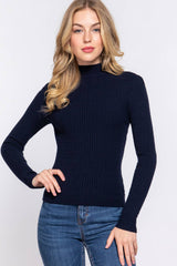 Long Sleeve Mock Neck Rib Sweater  : RED
