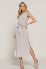 Waist Tie Stripe Linen Midi Dress