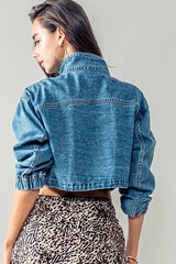Drawstring Hem Stand Collar Denim Jacket
