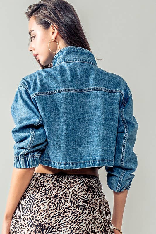 Drawstring Hem Stand Collar Denim Jacket