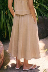 LINEN STITCH MIDI SKIRT: DARK BROWN / S