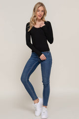 Long Sleeve Scoop Neck with Lace Trim Rib Knit Top: HGY-h grey / L