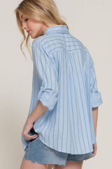 Long Sleeve Button Down Stripe Linen Oversized Shirt: