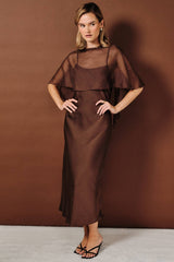 Sheer Chiffon Cape Overlay Satin Boat Neck Slip Midi