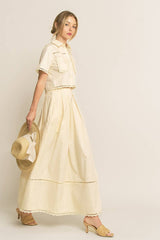 LACE DETAIL POCKET SHIRT & SKIRT SET-HSET0119: Off-White / L