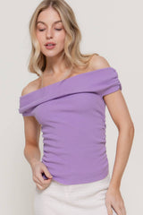 Off The Shoulder Side Ruched Sweater Top : BLK-black / L