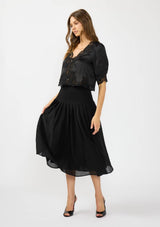 V-Neck Button Front Blouse with Lace Trim