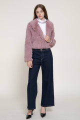 Long Sleeve Notched Collar Faux Fur Cropped Jacket: BRN-dark coffee / L
