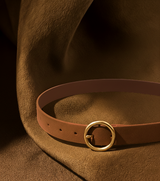 Brass-Toned Circle Buckle Leather Belt: Black