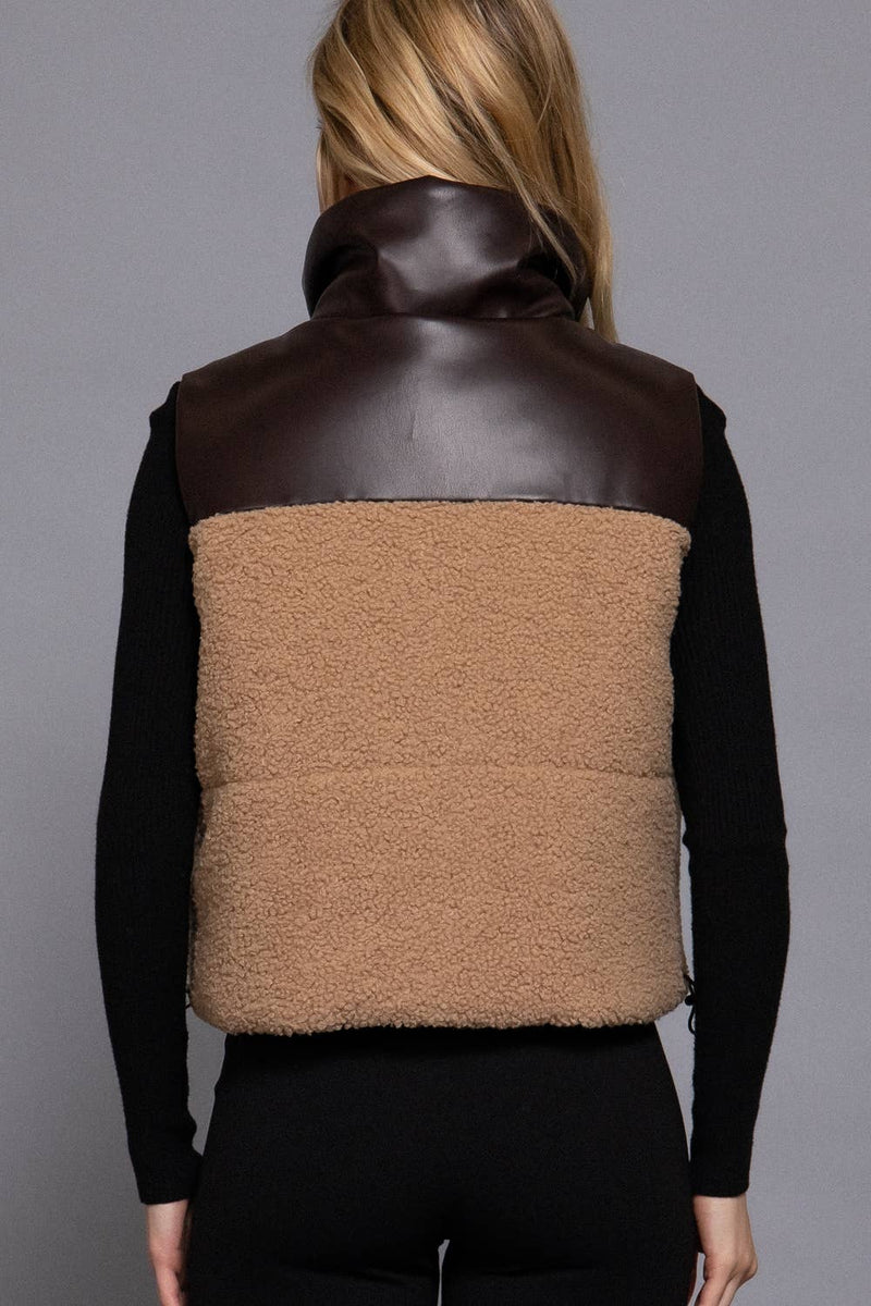 Reversible Faux Leather-Sherpa Crop Vest