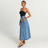Blue Button Down Mid Length Denim Skirt