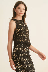 CROCHET CROP SLEEVELESS TOP AND SKIRT SET - HESET0025: Black / L