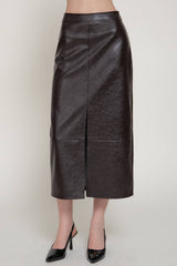 Front Slit Texture Faux Leather Pencil Midi Skirt: BLK-black / L