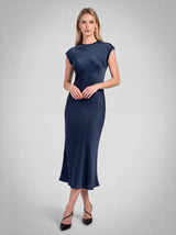 Satin Cap Sleeve Fitted Midi Dress: Deep Steel Blue / S
