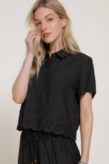 Short Sleeve  Eyelet Scallop Hem Woven