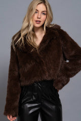 Long Sleeve Notched Collar Faux Fur Cropped Jacket: BRN-dark coffee / L