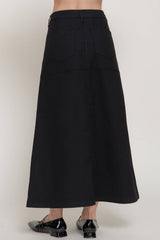Stretch Cotton Twill A-Line Button Down Maxi Skirt: BLK-black / L