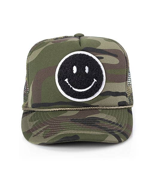Local Beach Smiley Patch Trucker Hat: Black/Black