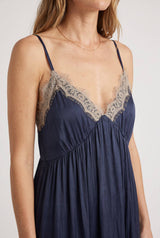 Lace Trim Midi Dress: NAVY/TAUPE / L