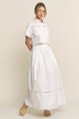 LACE DETAIL POCKET SHIRT & SKIRT SET-HSET0119: Off-White / L