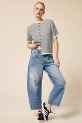 Striped Short Sleeve Button Cardigan: Black / L