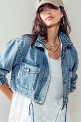 Drawstring Hem Stand Collar Denim Jacket