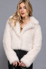 Long Sleeve Notched Collar Faux Fur Cropped Jacket: BRN-dark coffee / L
