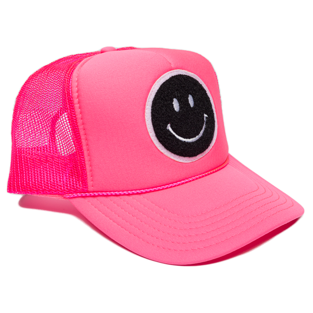 Local Beach Smiley Patch Trucker Hat: Black/Black