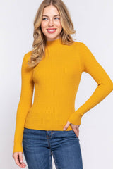 Long Sleeve Mock Neck Rib Sweater  : RED