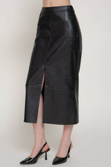 Front Slit Texture Faux Leather Pencil Midi Skirt: BLK-black / L