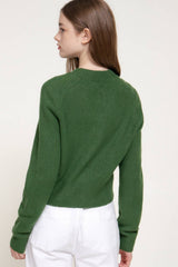 Long Sleeve Round Neck Button Down Sweater Cardigan: GRN-dark green / L
