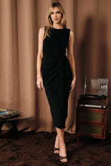 Round Neck Side Knot Drape Lurex  Midi