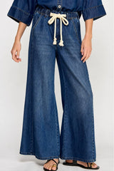 DRAWSTRING WIDE DENIM PANTS: DENIM / L