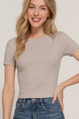 Short Sleeve Crew Neck Cotton Spandex Rib Knit Top : PNK-beige pink / L