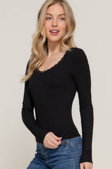 Long Sleeve Scoop Neck with Lace Trim Rib Knit Top: HGY-h grey / L