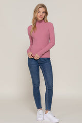 Long Sleeve Mock Neck Rib Sweater  : RED
