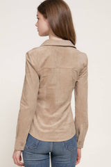 Long Sleeve Button Down Stretch Faux Suede Shirt: TPE-dark beige / L