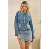 Tweed Trimmed Front Pocket Denim Jacke