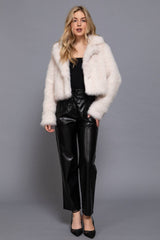 Long Sleeve Notched Collar Faux Fur Cropped Jacket: BRN-dark coffee / L