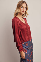 Lace Trim Satin Blouse