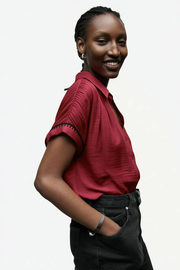 Whipstitch Short Sleeve Button Up Blouse