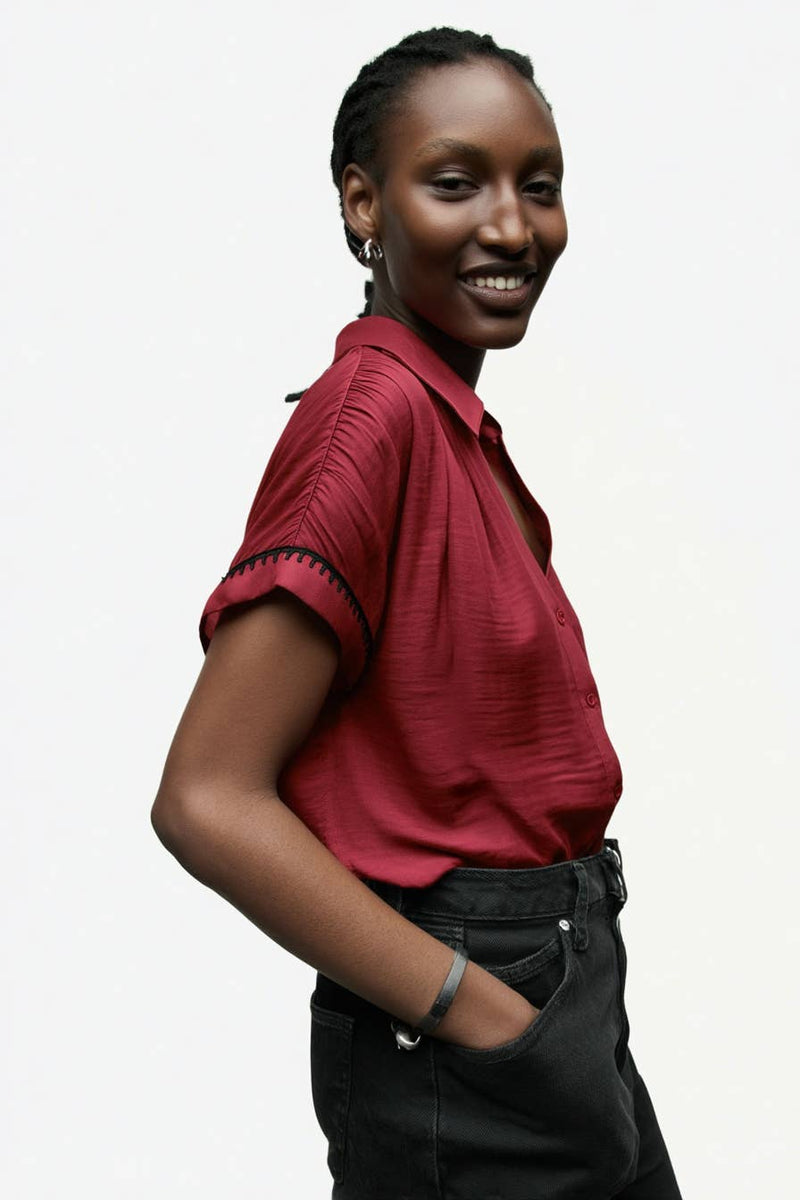 Whipstitch Short Sleeve Button Up Blouse