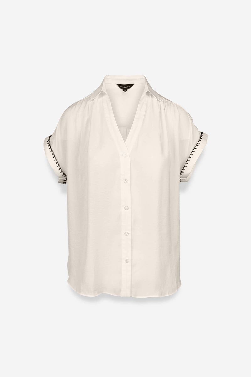 Whipstitch Short Sleeve Button Up Blouse