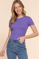 Short Sleeve Crew Neck Cotton Spandex Rib Knit Top : PNK-beige pink / L