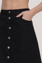 Stretch Cotton Twill A-Line Button Down Maxi Skirt: BLK-black / L