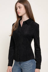 Long Sleeve Button Down Stretch Faux Suede Shirt: TPE-dark beige / L